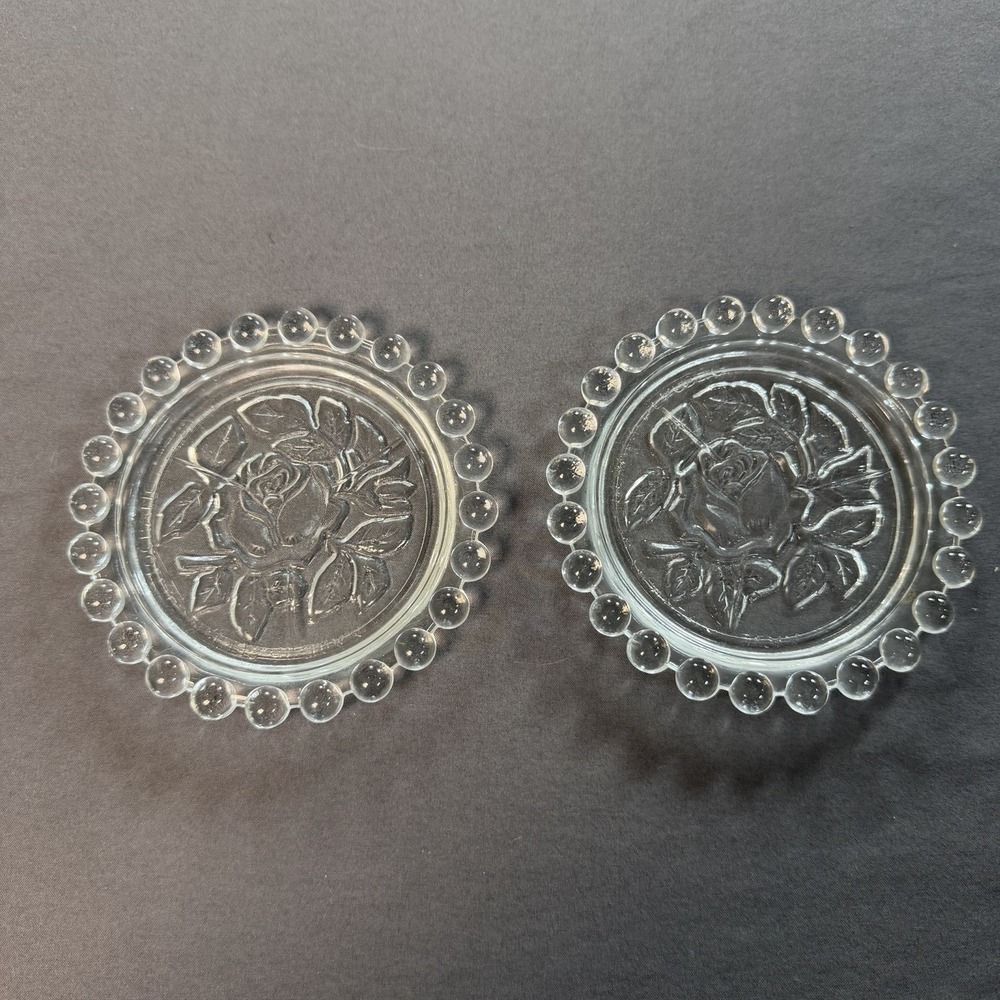 Set Of 2 Vtg German Candlewick Edge Clear Glass Coasters Rose Flower Embossed